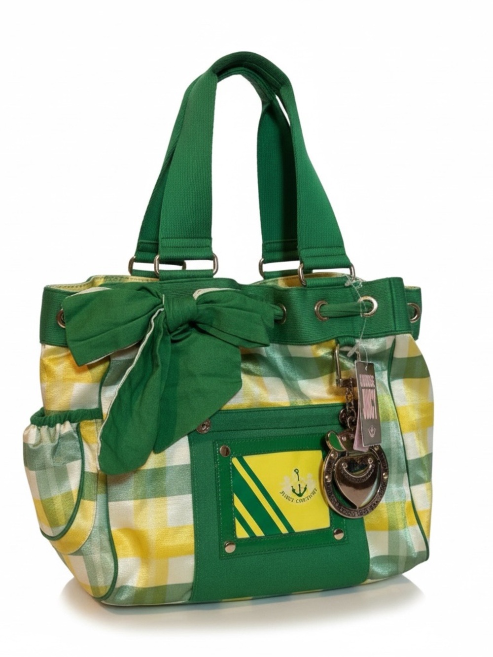 Vintage Juicy Couture Green & Yellow Plaid Tote Shoulder Bag – Bow Detail, Charm